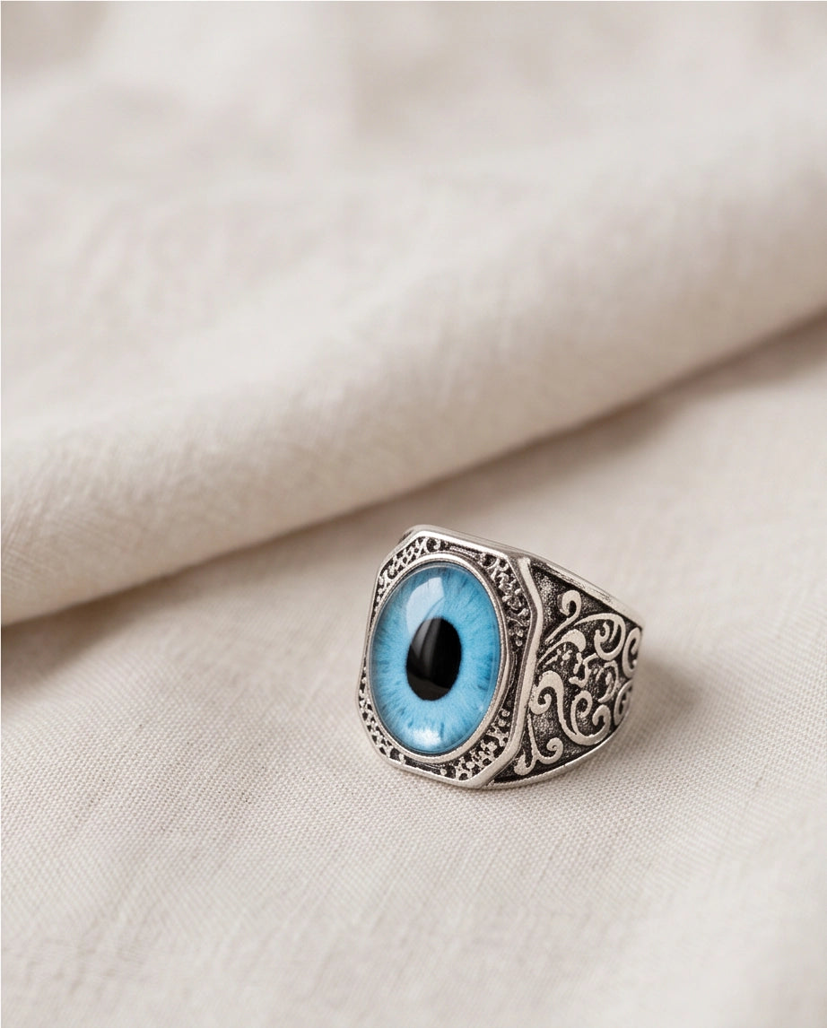 Cyan Sky-Blue Evil Eye Cabochon Gothic Filigree Silver Ring