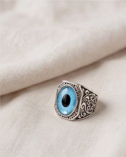 Cyan Sky-Blue Evil Eye Cabochon Gothic Filigree Silver Ring