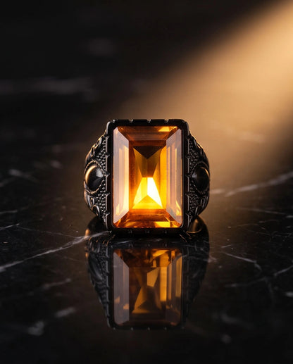 Matte Black Emerald-Cut Amber Citrine Signet Ring