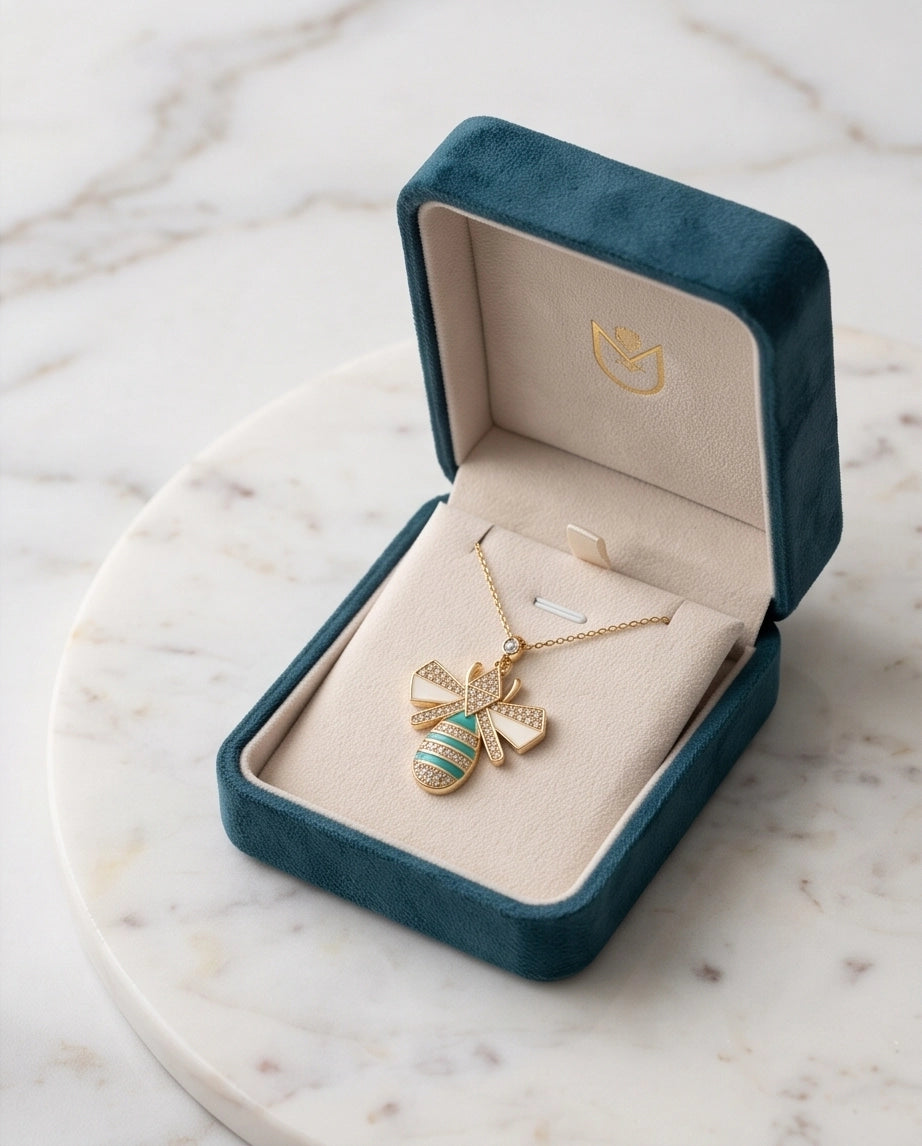 Gold Turquoise Enamel Bee Necklace