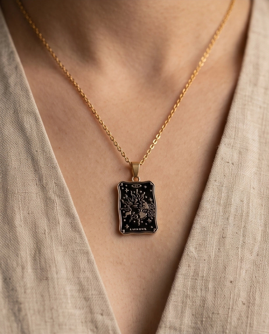 Gold Celestial Sun & Moon Tarot Card Pendant Necklace