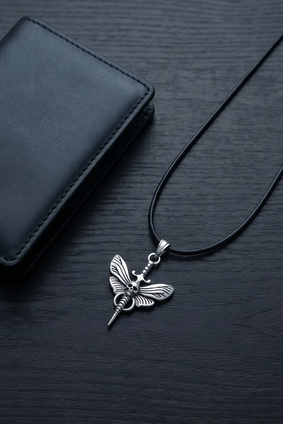 The Shadow Wing: Gothic Skull Moth Dagger Pendant Necklace