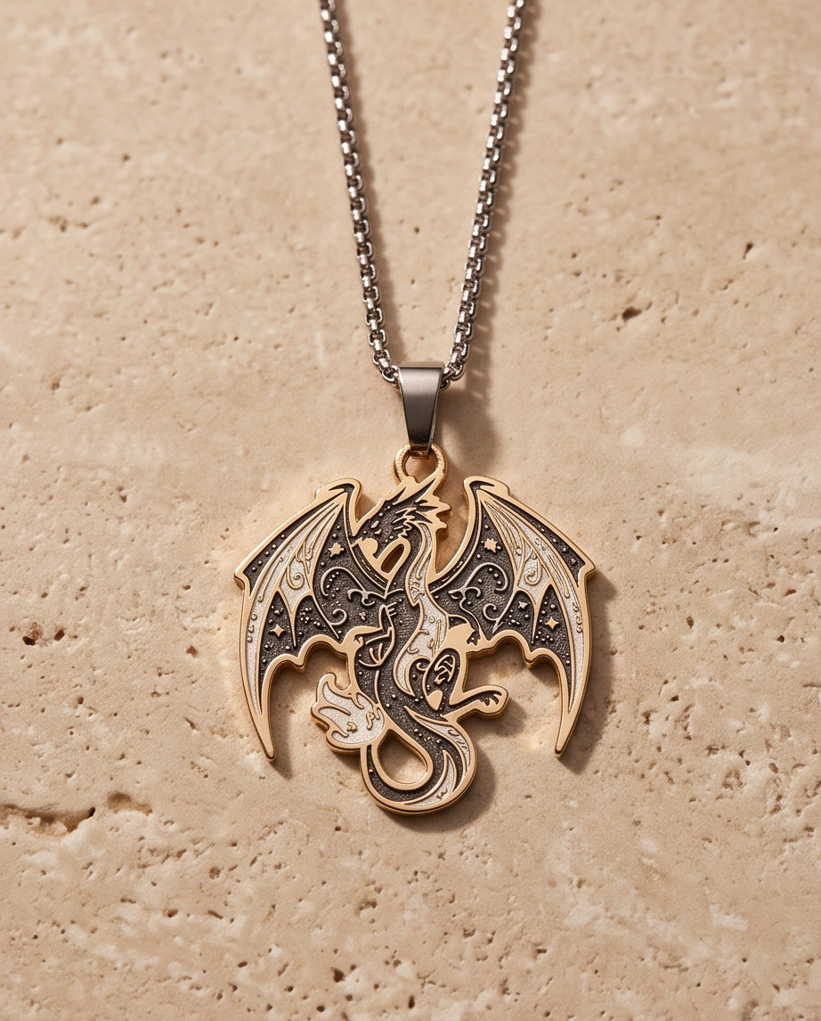 Gold Celestial Dragon Black & White Enamel Pendant Necklace
