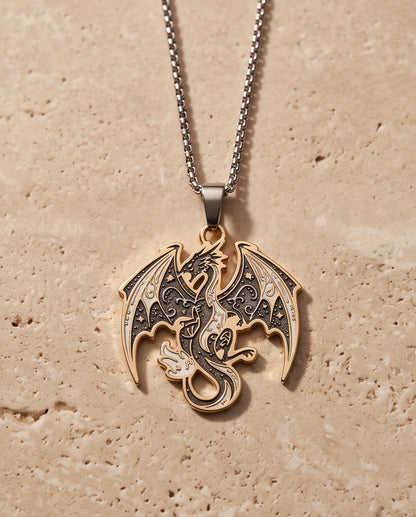 Gold Celestial Dragon Black & White Enamel Pendant Necklace
