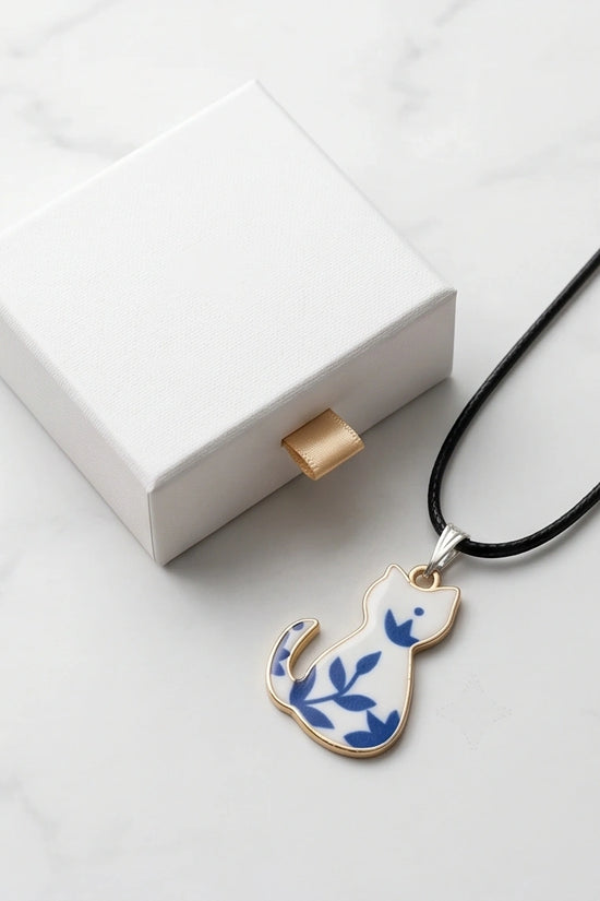 Artistic Blue Porcelain Feline Silhouette Pendant Necklace