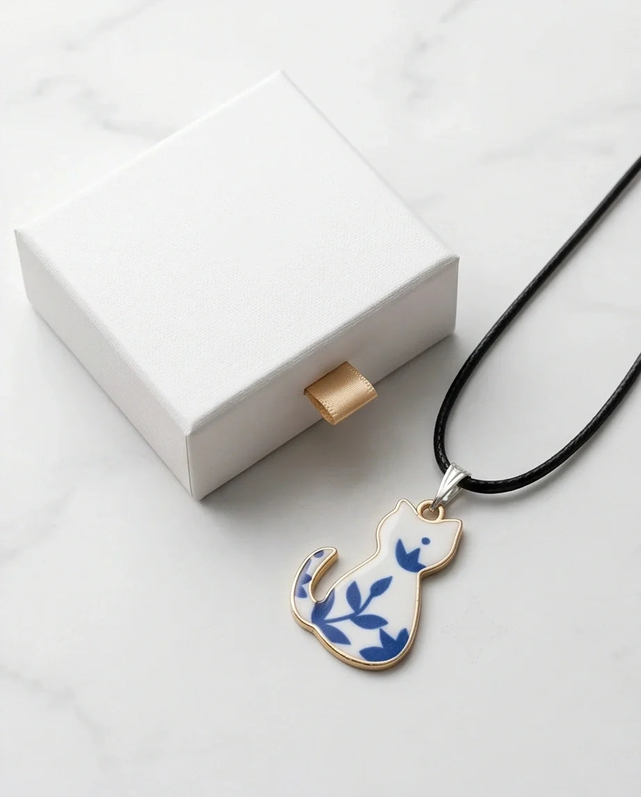 Artistic Blue Porcelain Feline Silhouette Pendant Necklace