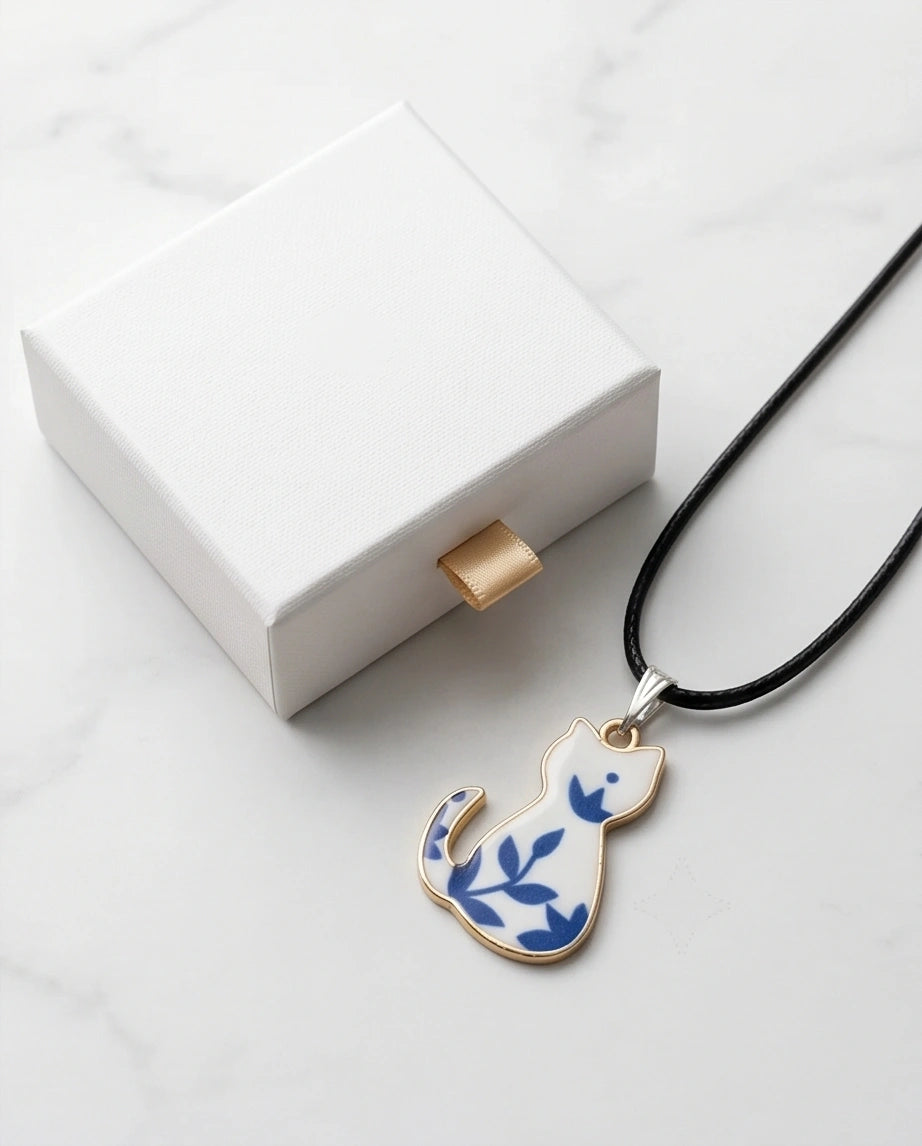 Artistic Blue Porcelain Feline Silhouette Pendant Necklace