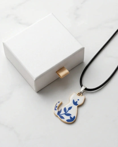 Artistic Blue Porcelain Feline Silhouette Pendant Necklace