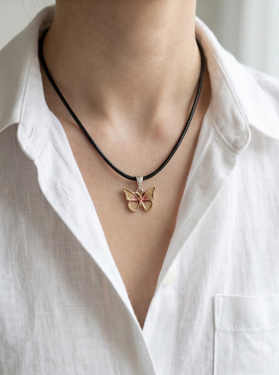 Gold & Pink Butterfly Pendant Necklace