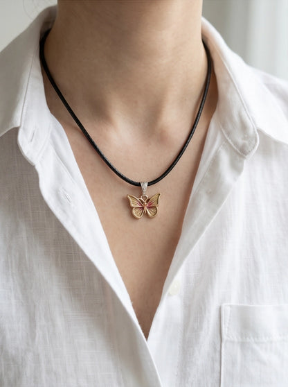 Gold & Pink Butterfly Pendant Necklace
