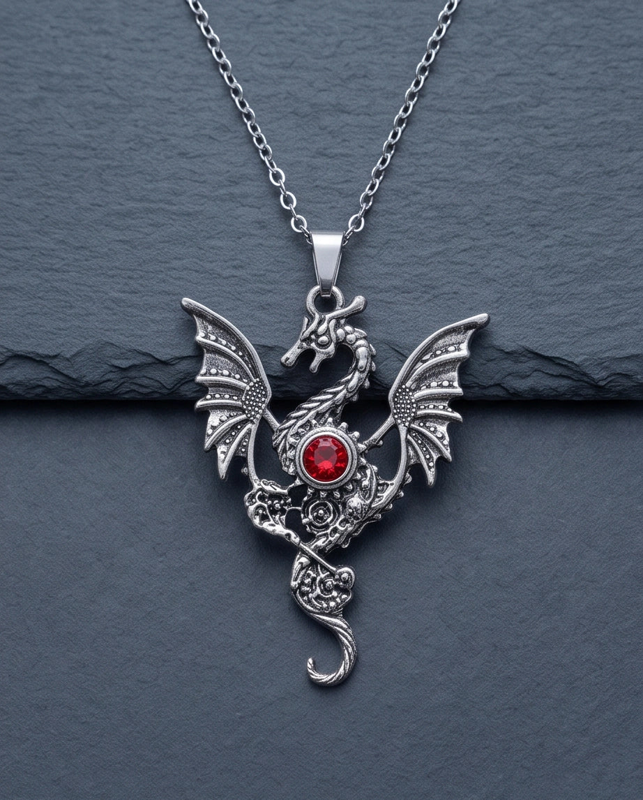 Silver Red Gemstone Dragon Pendant Necklace