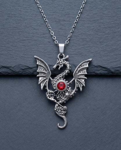 Silver Red Gemstone Dragon Pendant Necklace