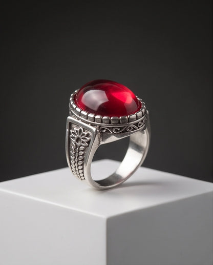 Ruby Cabochon Beaded Bezel Floral Silver Ring