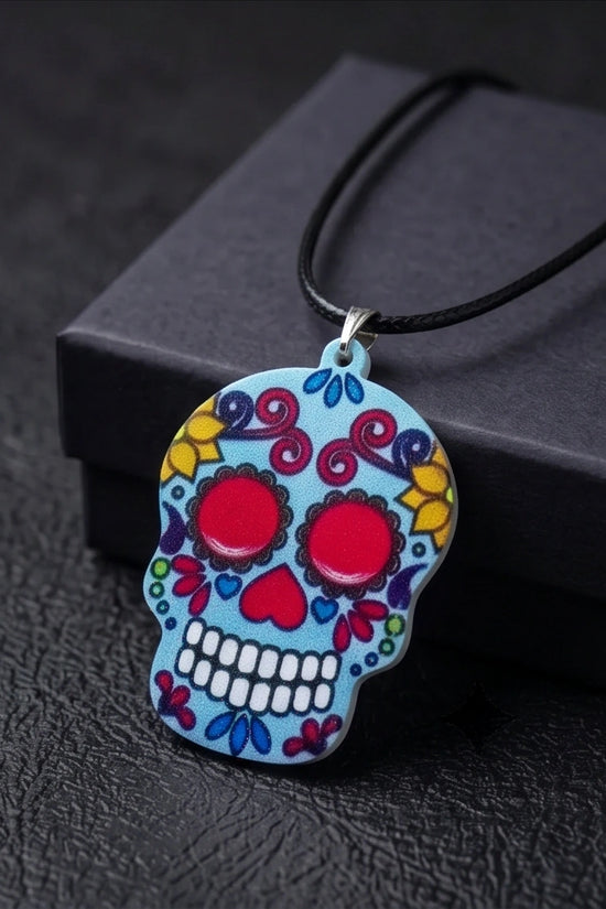 Vibrant Light Blue Sugar Skull Día de los Muertos Pendant Necklace