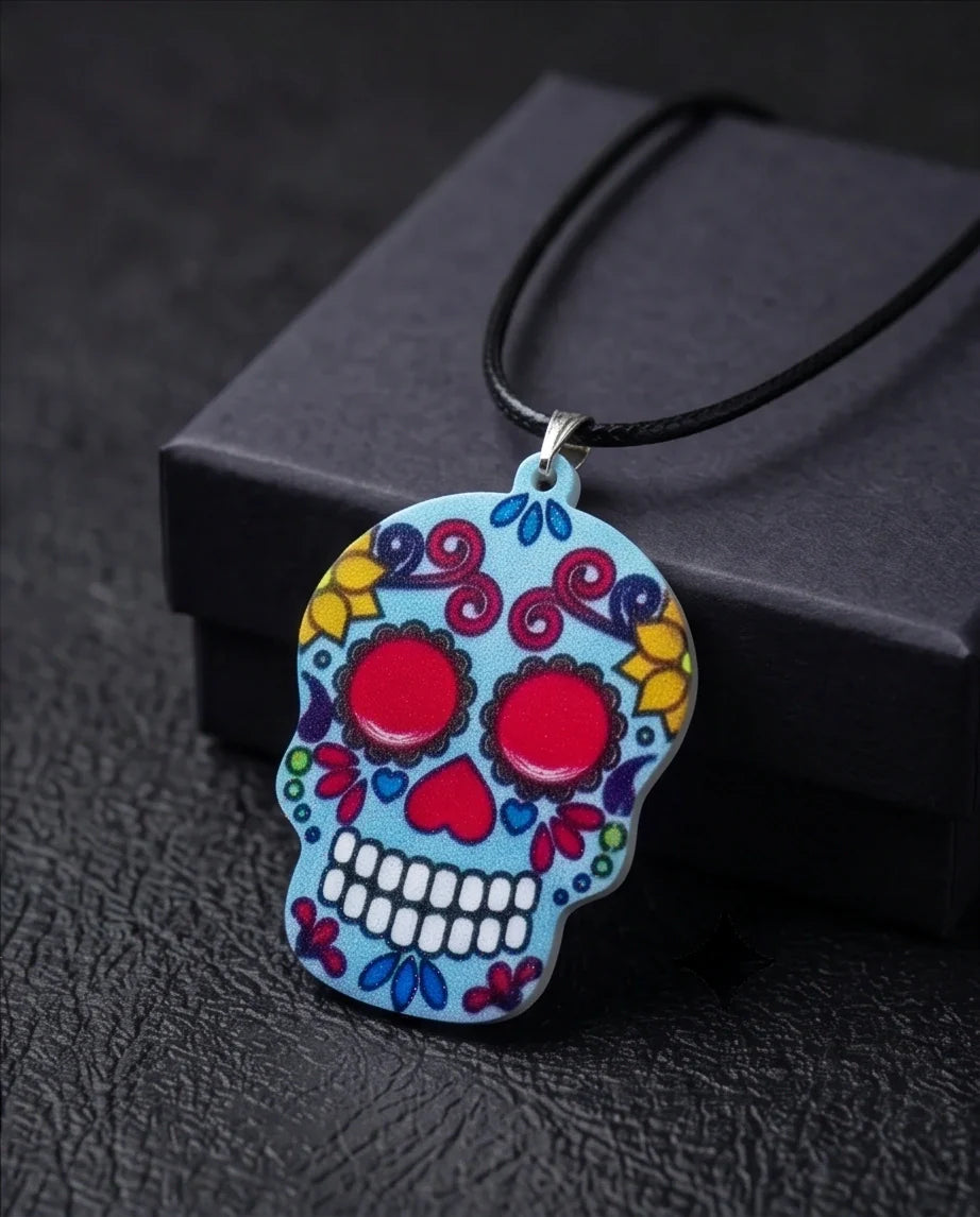Vibrant Light Blue Sugar Skull Día de los Muertos Pendant Necklace
