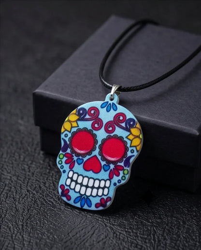 Vibrant Light Blue Sugar Skull Día de los Muertos Pendant Necklace