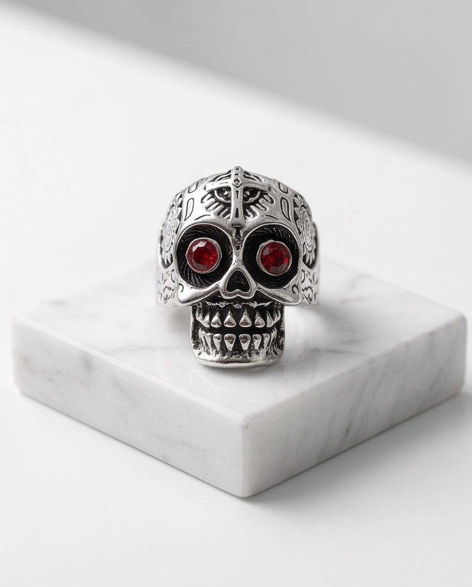 Ruby-Eyed Filigree Skull Band Silver Ring