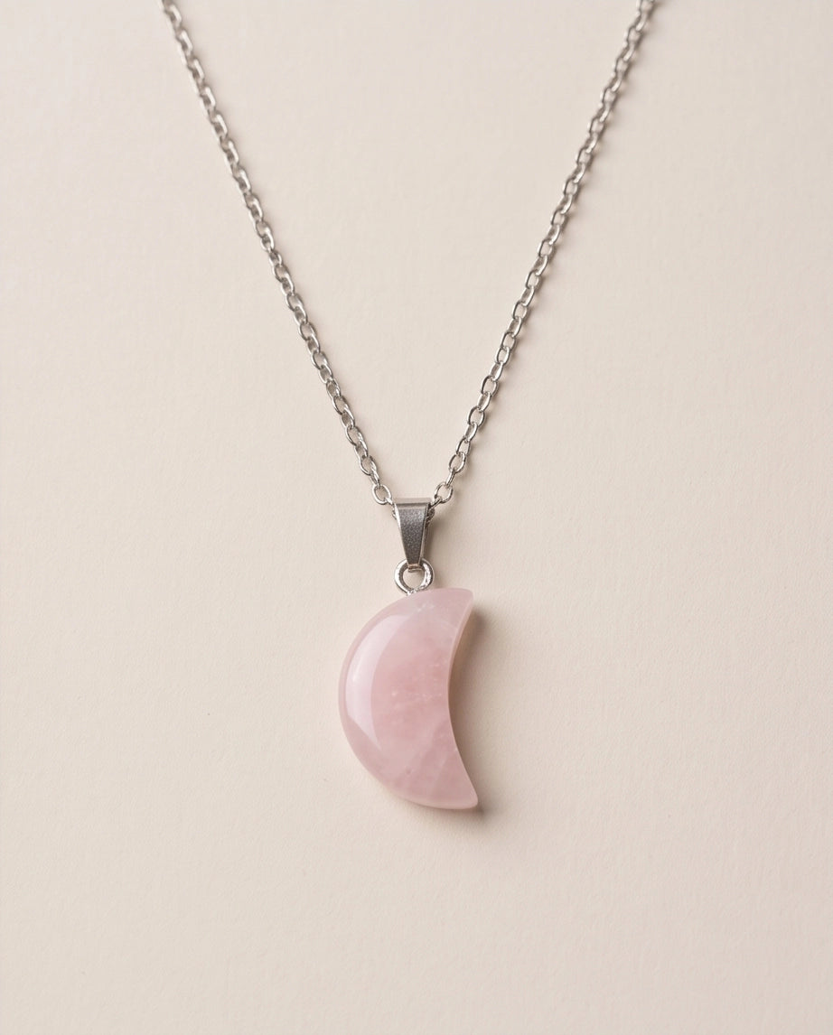 Silver Rose Quartz Pink Crescent Moon Pendant Necklace