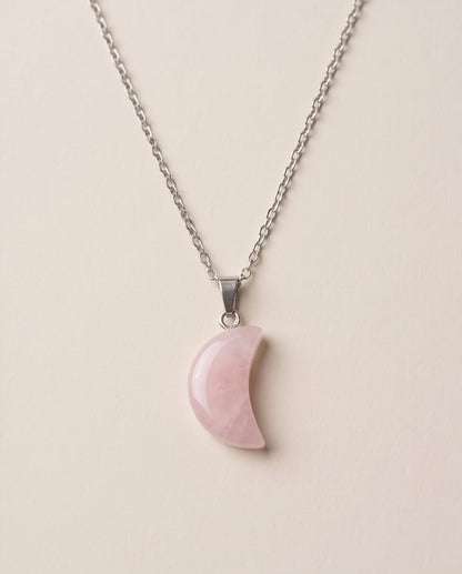 Silver Rose Quartz Pink Crescent Moon Pendant Necklace