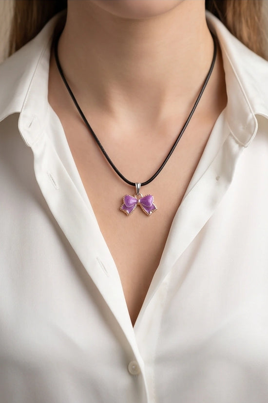 Glossy Purple Bow Enamel Pendant Necklace