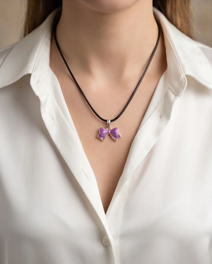 Glossy Purple Bow Enamel Pendant Necklace