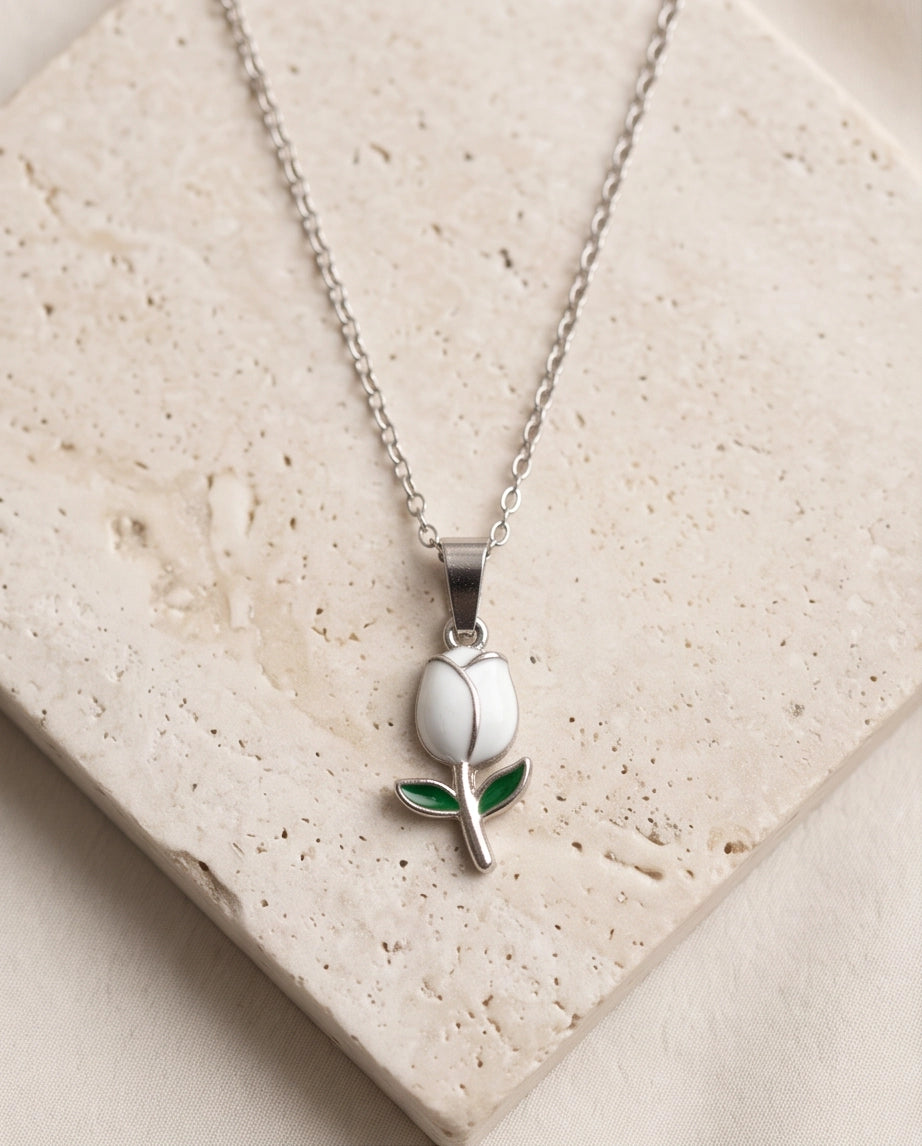 Silver White Enamel Tulip Pendant Necklace
