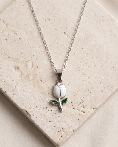 Silver White Enamel Tulip Pendant Necklace