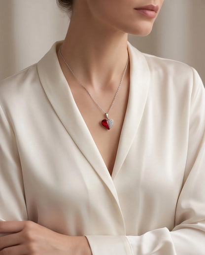 Silver Ruby Heart Pavé Pendant Necklace