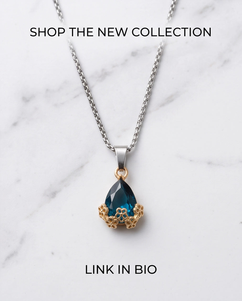 Gold Sapphire Teardrop Floral Basket Pendant Necklace