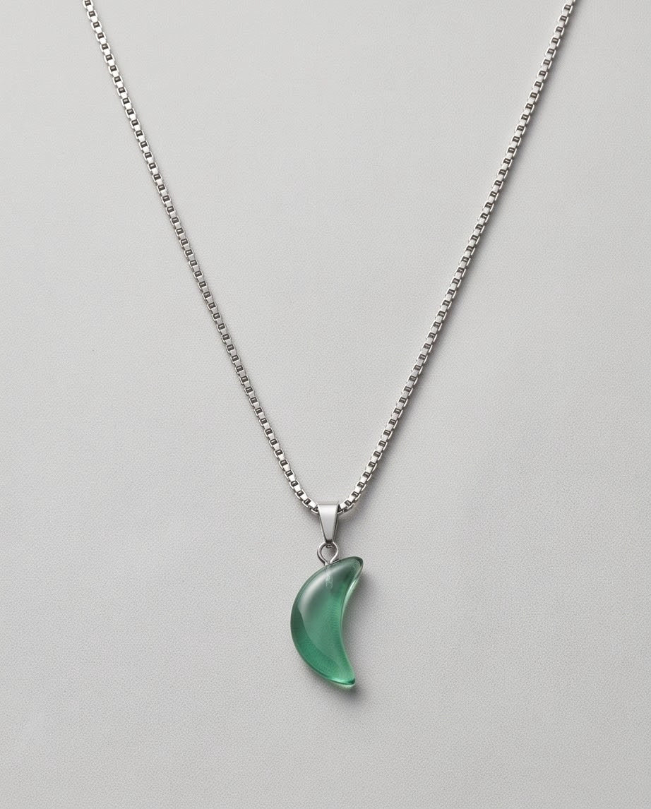 Silver Emerald Green Crescent Moon Pendant Necklace