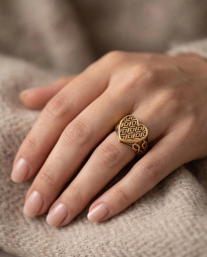 Lattice Heart Gold Signet Ring
