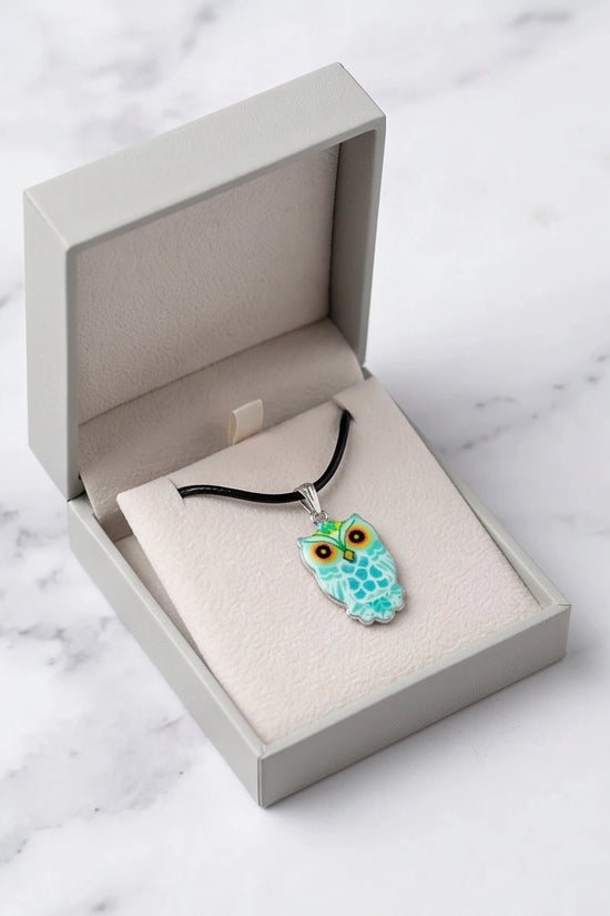 Vibrant Mint Blue Owl Totem Pendant Necklace