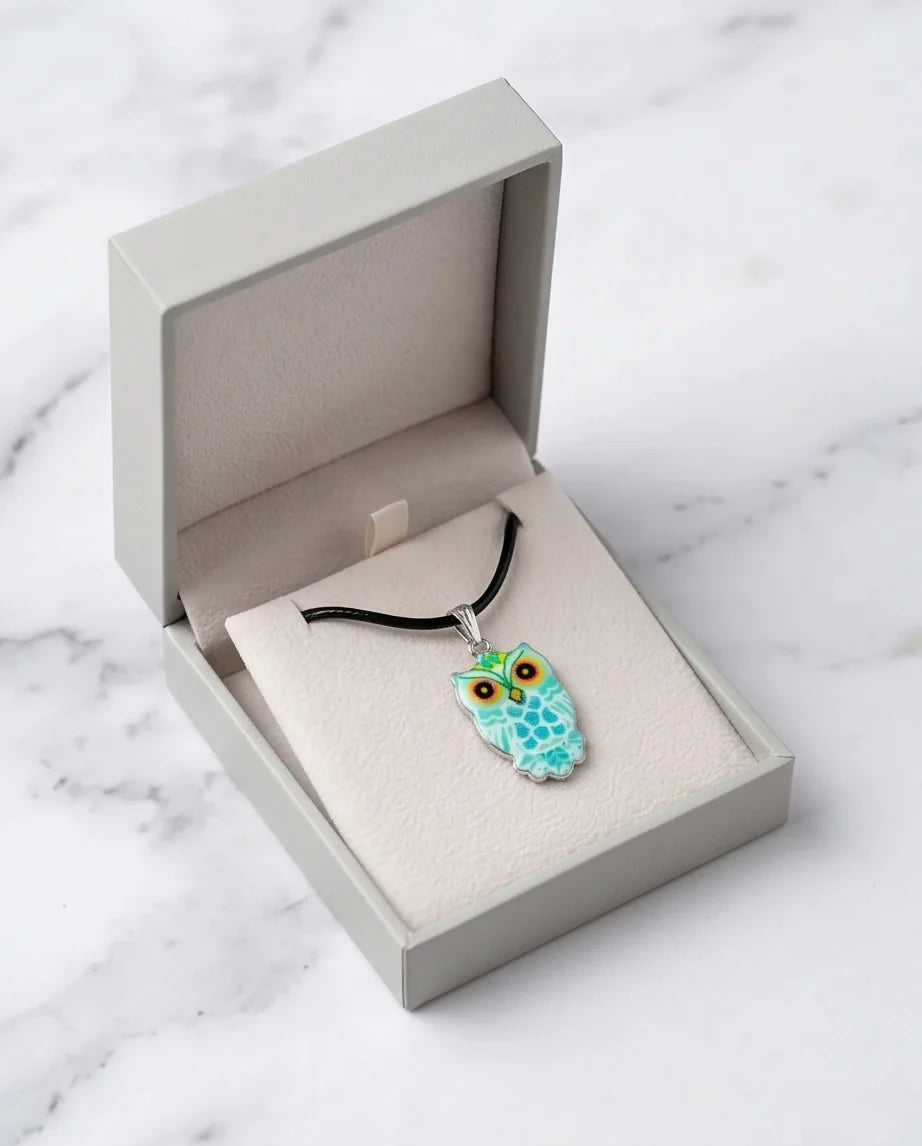 Vibrant Mint Blue Owl Totem Pendant Necklace