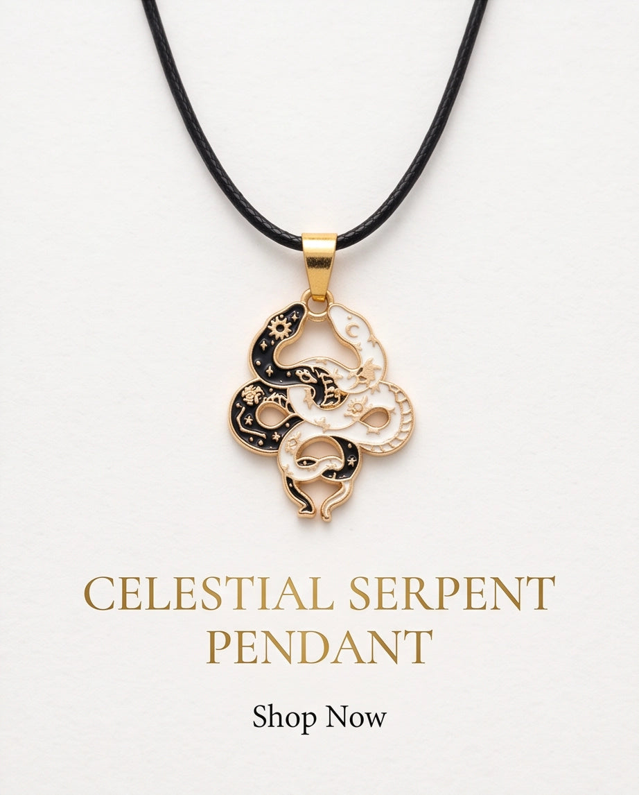 Gold Dual Serpent Celestial Enamel Pendant Necklace