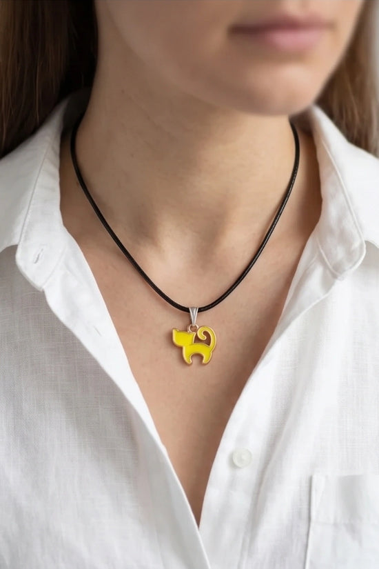Playful Yellow Cat Enamel Pendant Necklace