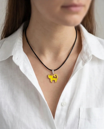 Playful Yellow Cat Enamel Pendant Necklace