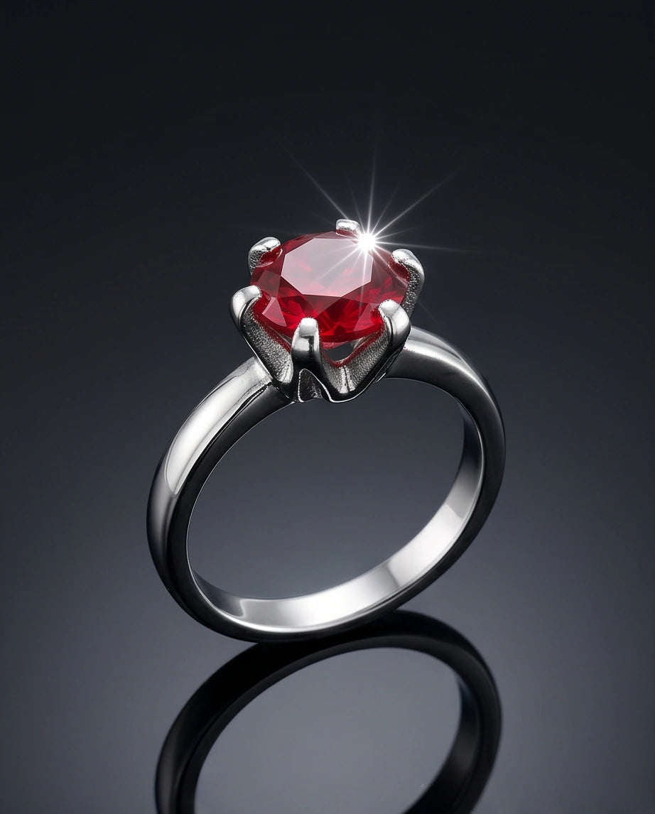 Sterling Silver Round-Cut Red Ruby Solitaire Ring