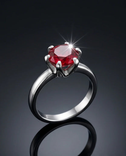 Sterling Silver Round-Cut Red Ruby Solitaire Ring