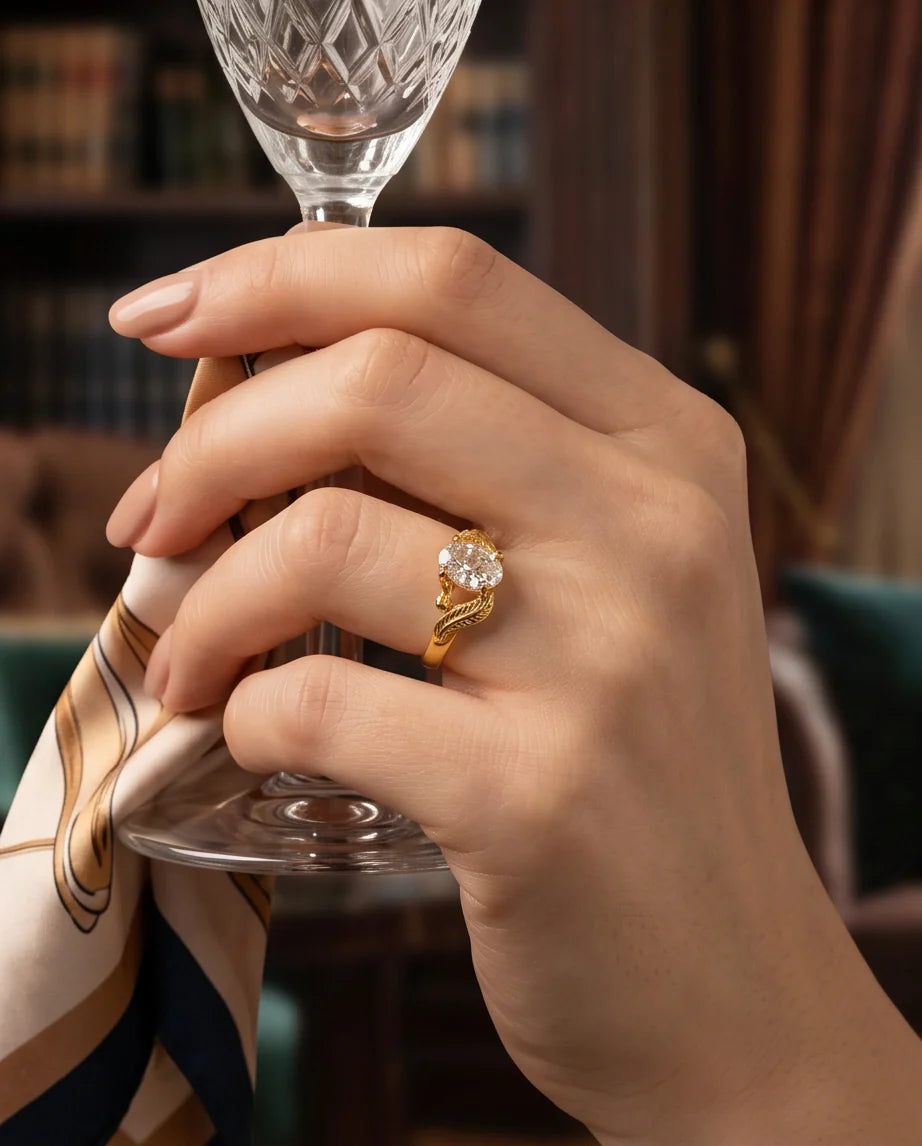Golden Crystal Moissanite Botanical Leaf Ring