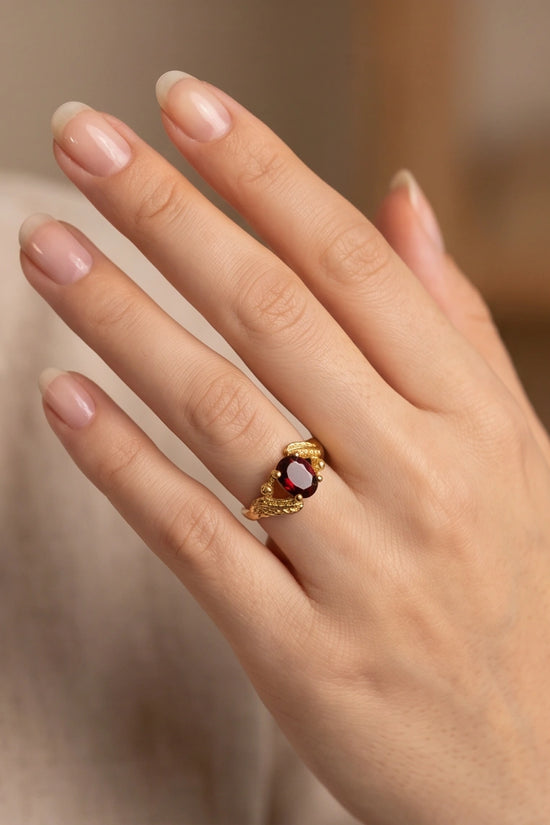 Golden Amber Garnet Botanical Leaf Ring