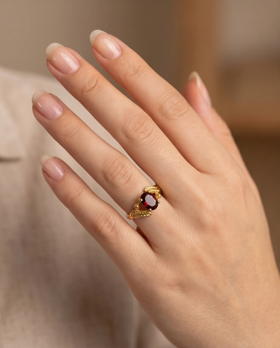 Golden Amber Garnet Botanical Leaf Ring