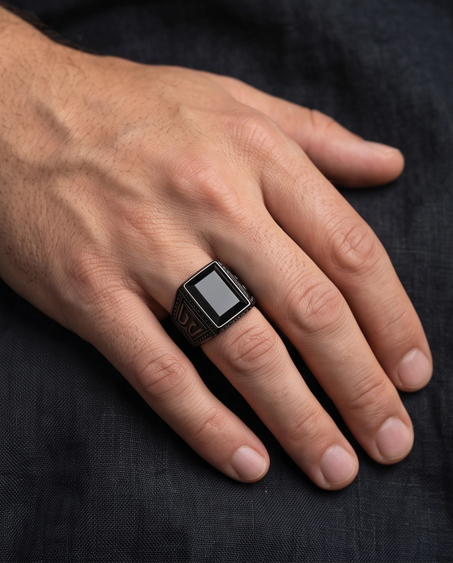 Jet Black Emerald-Cut Onyx Geometric Architectural Silver Ring