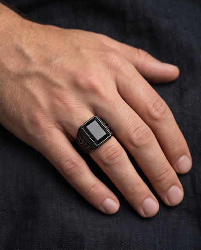 Jet Black Emerald-Cut Onyx Geometric Architectural Silver Ring
