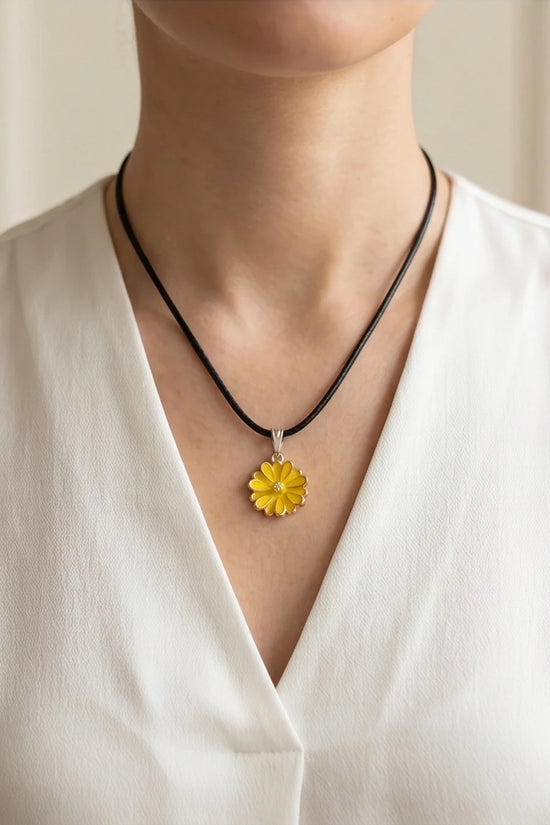 Vibrant Yellow Sunflower Enamel Pendant Necklace with Crystal Accent