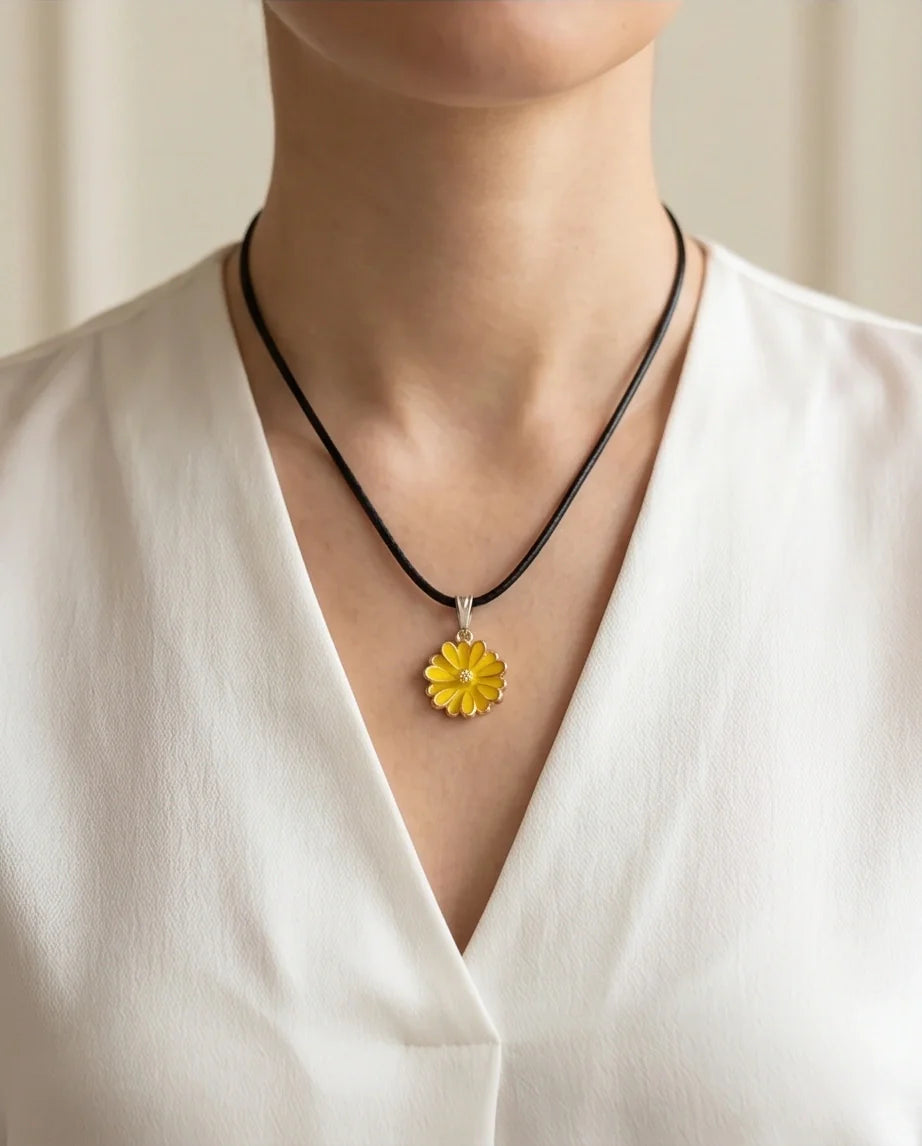 Vibrant Yellow Sunflower Enamel Pendant Necklace with Crystal Accent