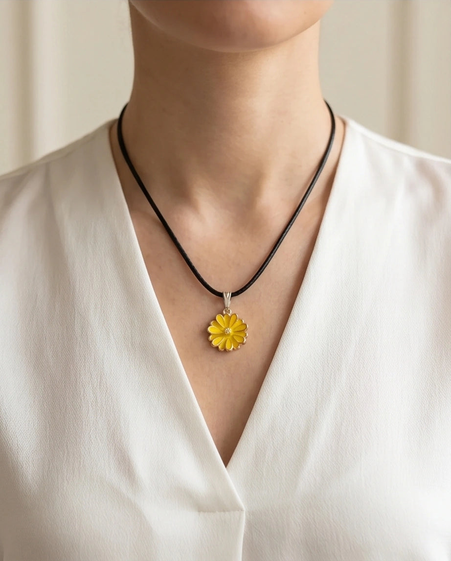 Vibrant Yellow Sunflower Enamel Pendant Necklace with Crystal Accent