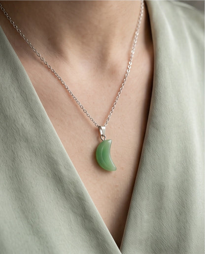 Silver Jade Green Crescent Moon Pendant Necklace