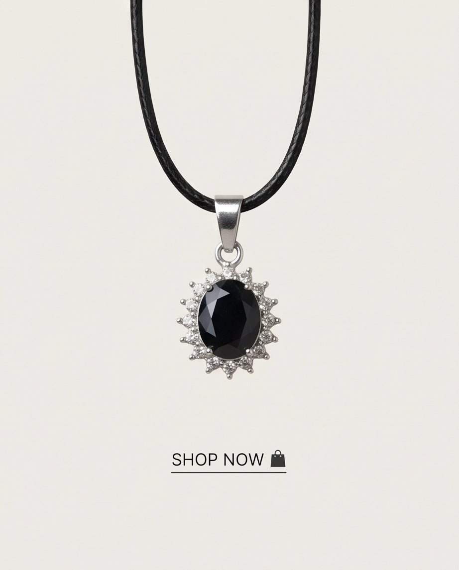 Silver Black Gem Oval Halo Medallion Pendant Necklace