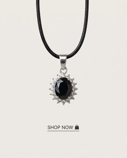 Silver Black Gem Oval Halo Medallion Pendant Necklace