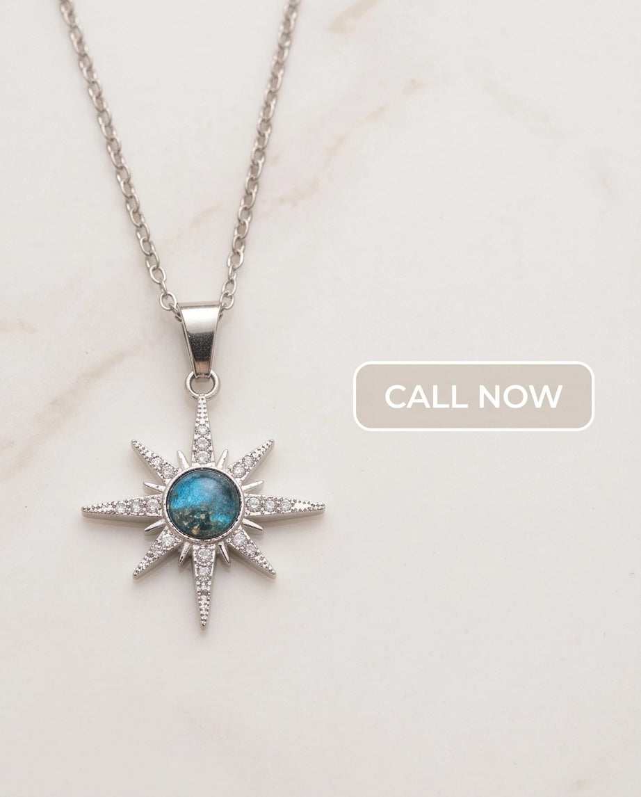 Silver Crystal Paved North Star Cosmic Orb Pendant Necklace